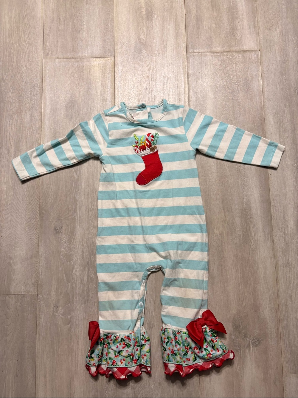 Girls Teal and White Striped Holiday Stocking One-Piece